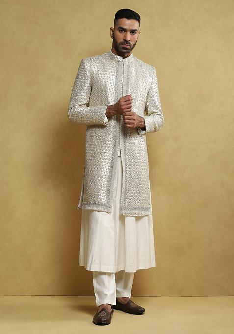 Off White Embroidered Sherwani With Anarkali Set For Men