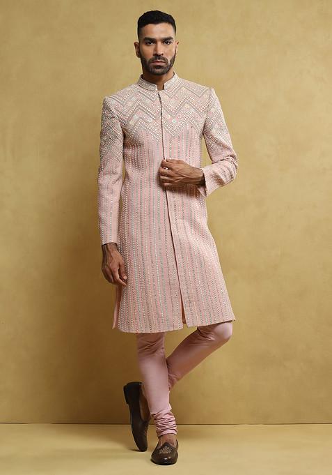 Baby Pink Embroidered Sherwani Set For Men