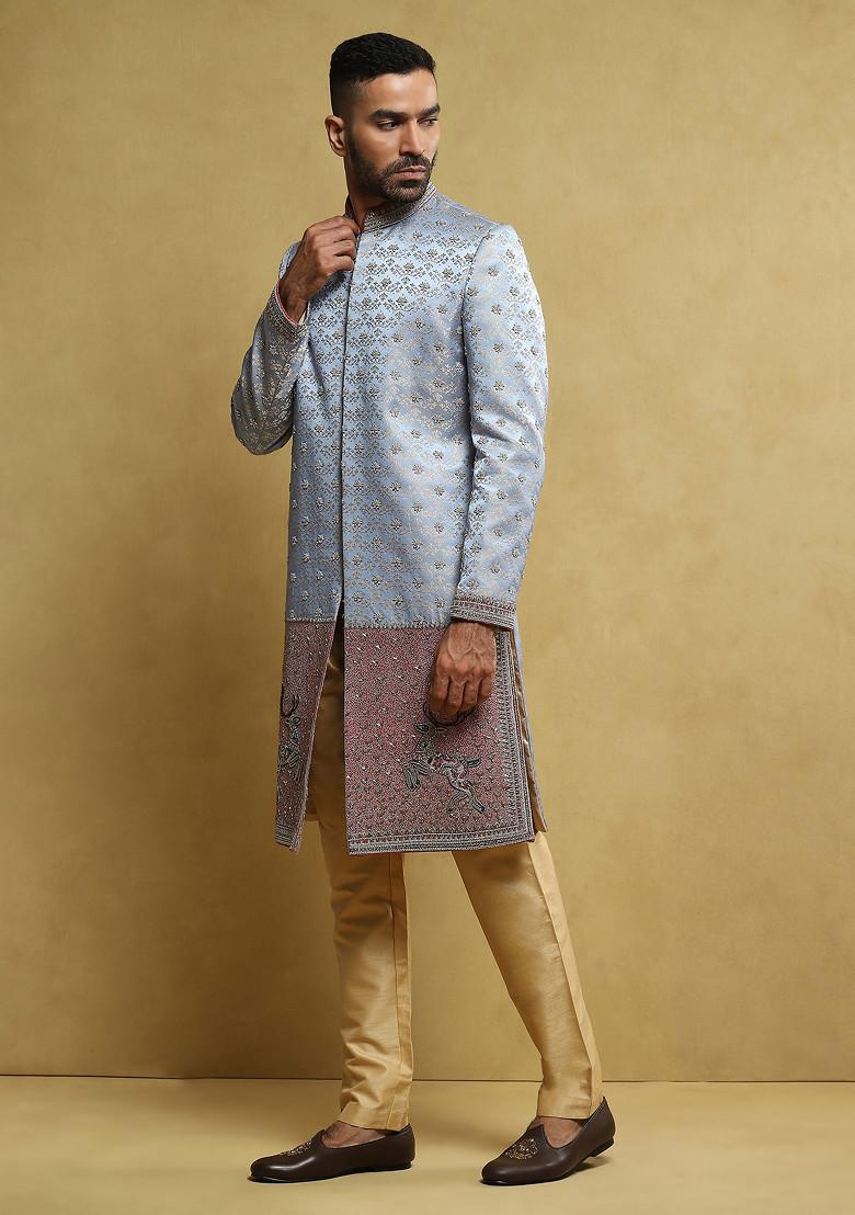 Sky Blue Embroidered Sherwani Set For Men