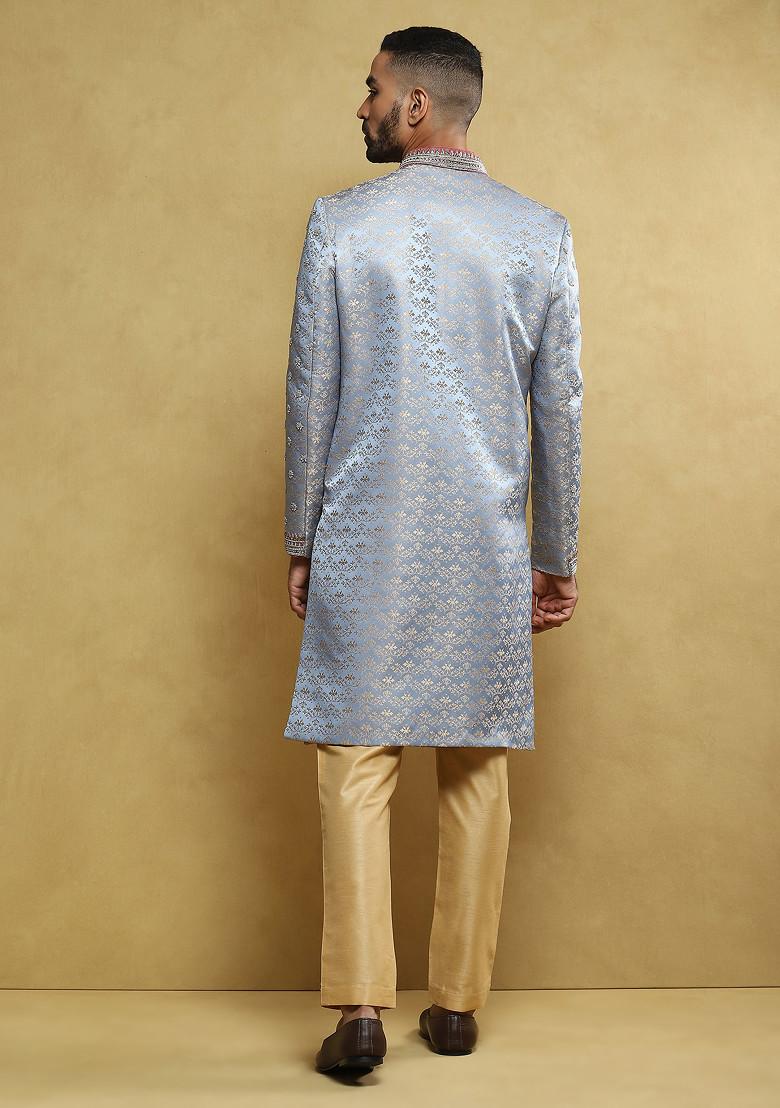 Sky Blue Embroidered Sherwani Set For Men