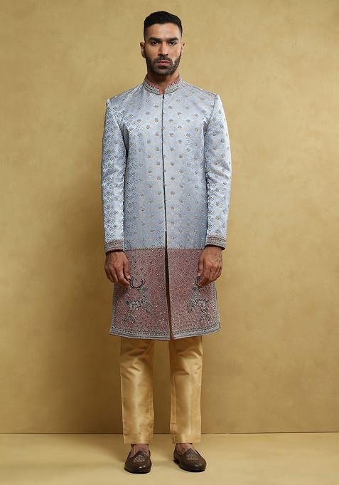 Sky Blue Embroidered Sherwani Set For Men