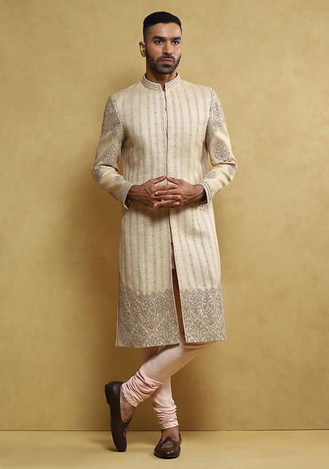 Beige Hand Embroidered Handloom Silk Sherwani Set For Men