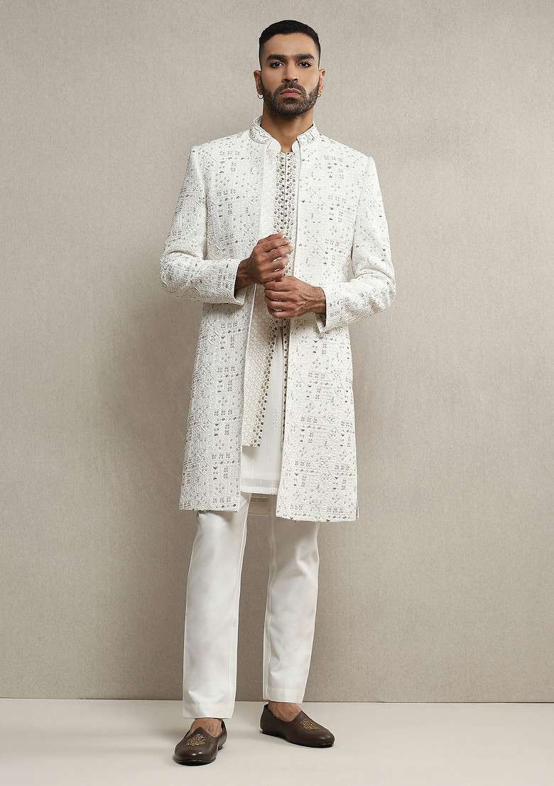 Off White Hand Embroidered Handloom Silk Sherwani Set For Men - Indya