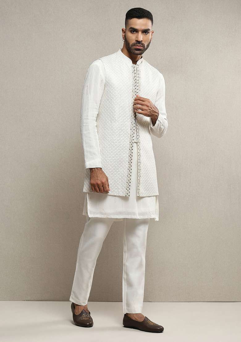 Off White Hand Embroidered Handloom Silk Sherwani Set For Men - Indya