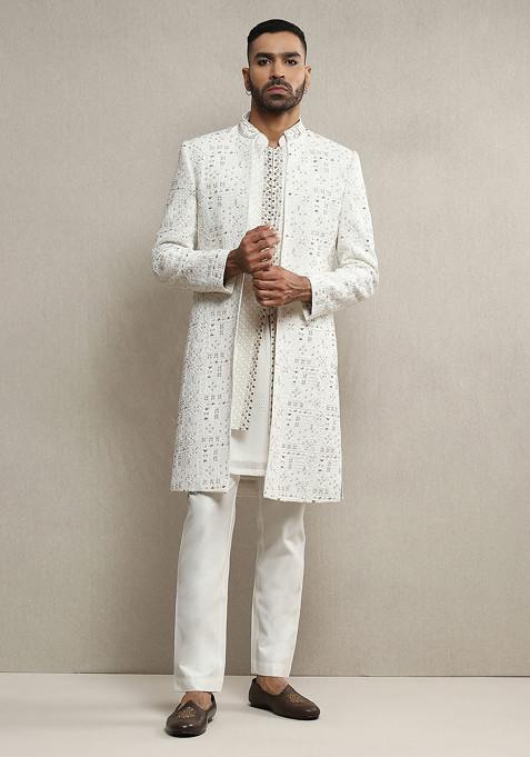 Off White Hand Embroidered Handloom Silk Sherwani Set For Men