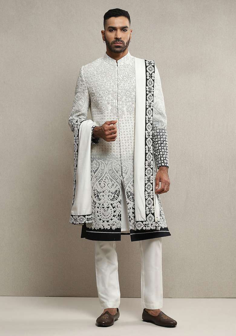 White Ombre Embroidered Handloom Silk Sherwani Set For Men - Indya
