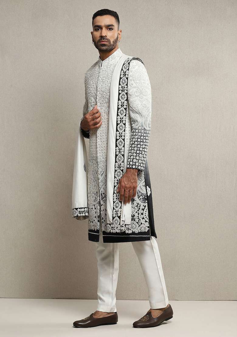 White Ombre Embroidered Handloom Silk Sherwani Set For Men - Indya