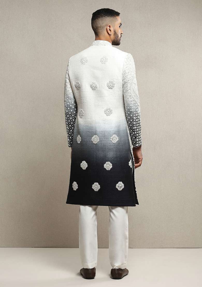 White Ombre Embroidered Handloom Silk Sherwani Set For Men - Indya