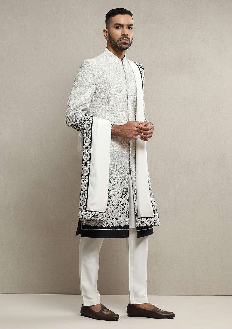 White Ombre Embroidered Handloom Silk Sherwani Set For Men - Indya