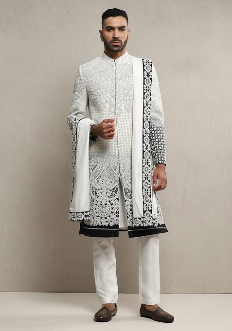 White Ombre Embroidered Handloom Silk Sherwani Set For Men