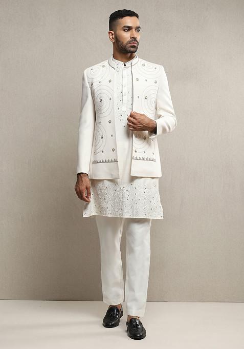 Off White Embroidered Jodhpuri Bandhgala Jacket Set For Men