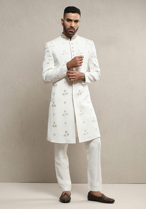 Off White Embroidered Sherwani Set For Men