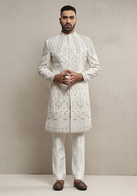 Off White Embroidered Handloom Silk Sherwani Set For Men