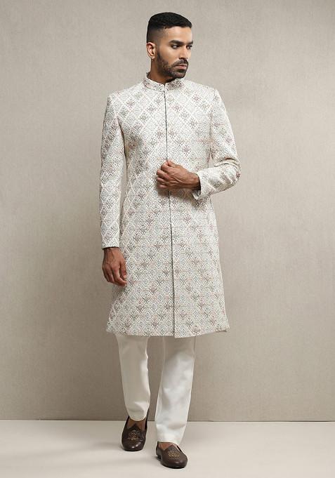 Off White Embroidered Raw Silk Sherwani Set For Men