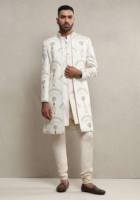 Off White Embroidered Open Sherwani Set For Men