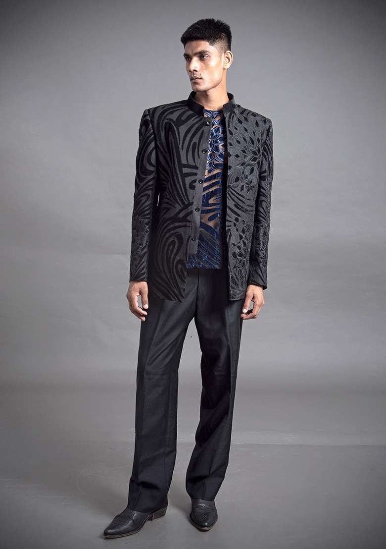 Black Classic Applique Linen Bandhgala For Men - Indya