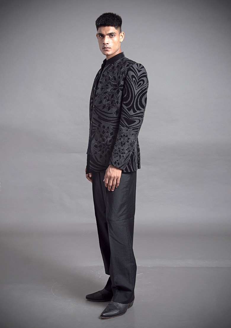 Black Classic Applique Linen Bandhgala For Men - Indya