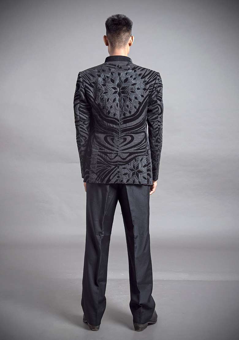 Black Classic Applique Linen Bandhgala For Men - Indya
