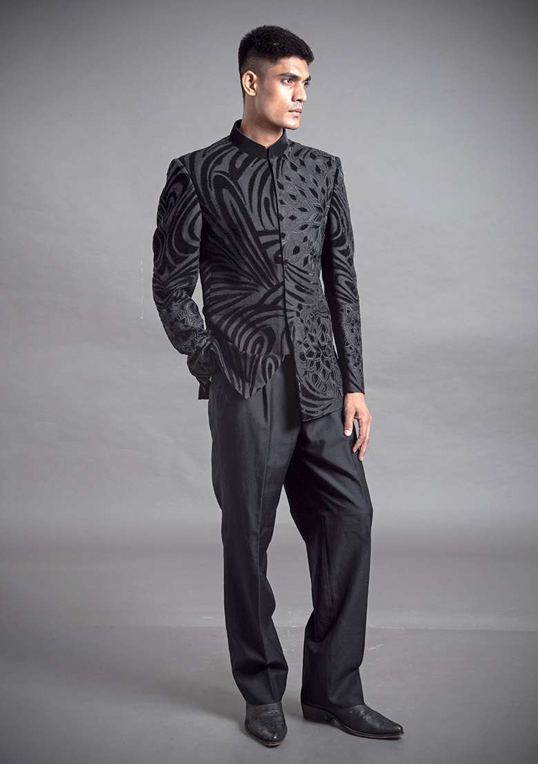 Black Classic Applique Linen Bandhgala For Men - Indya