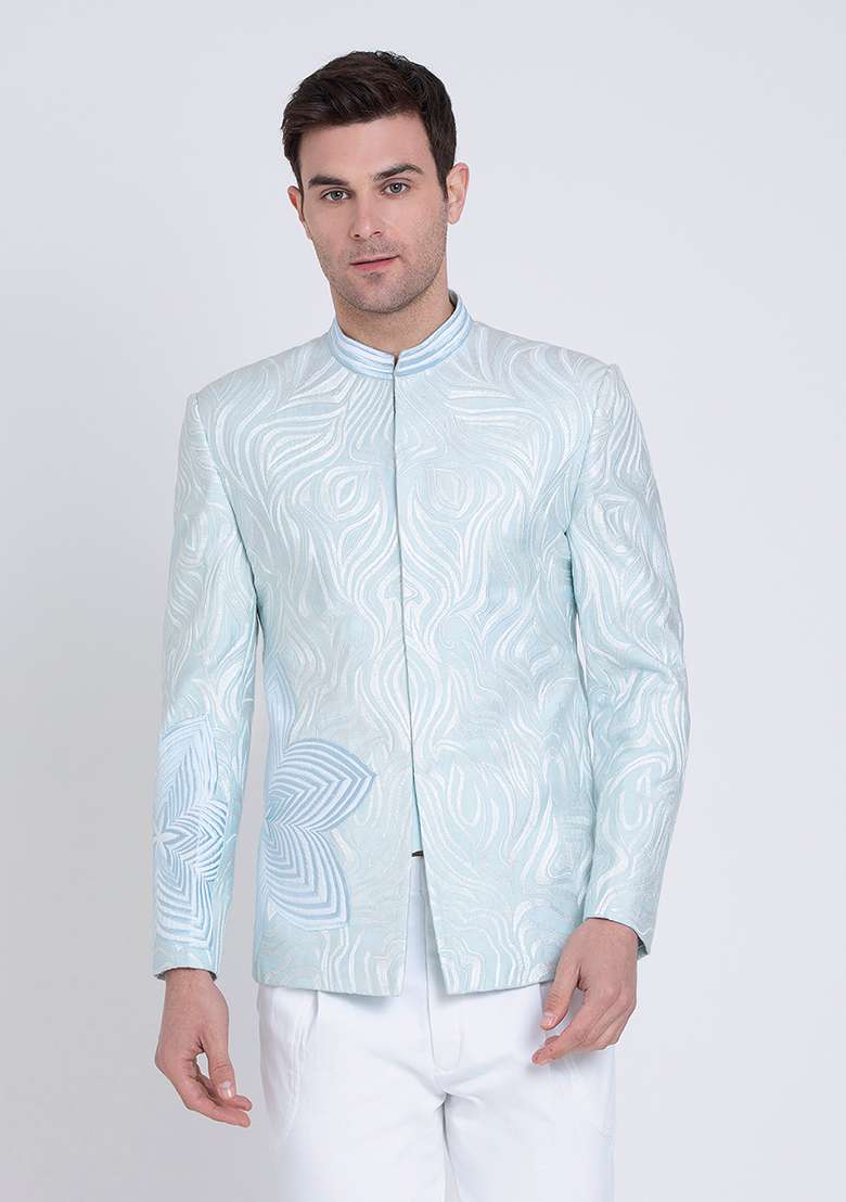 Blue Embroidered Silk Blend Bandhgala For Men - Indya