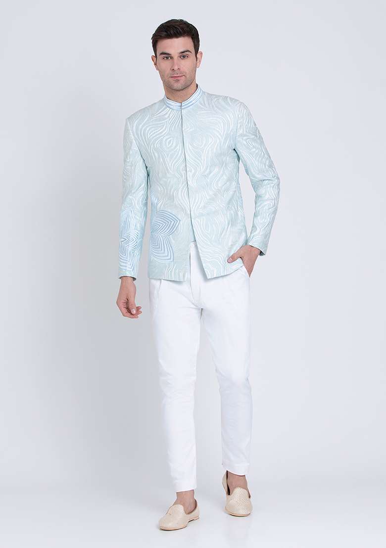 Blue Embroidered Silk Blend Bandhgala For Men - Indya