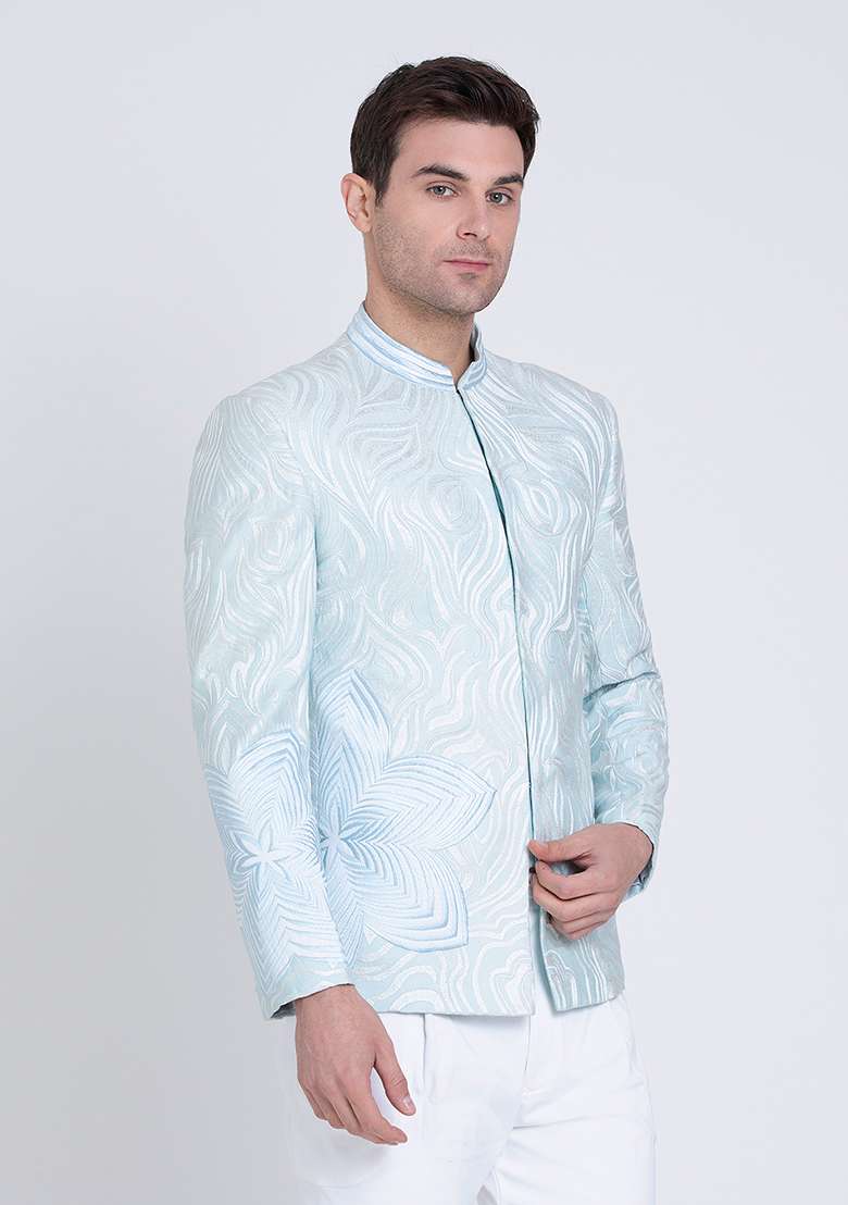 Blue Embroidered Silk Blend Bandhgala For Men - Indya