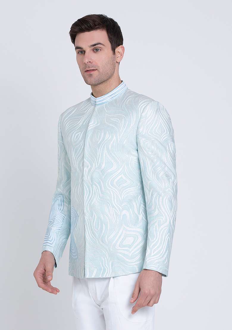 Blue Embroidered Silk Blend Bandhgala For Men - Indya