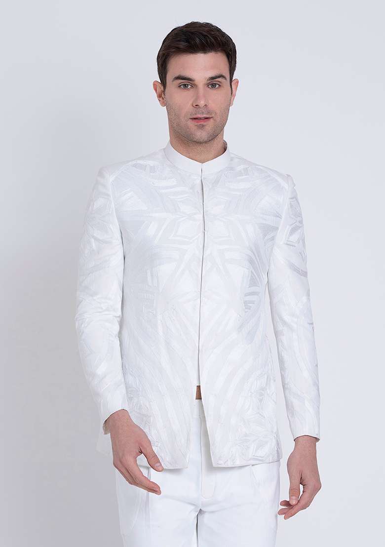 White Embroidered Linen Bandhgala For Men - Indya