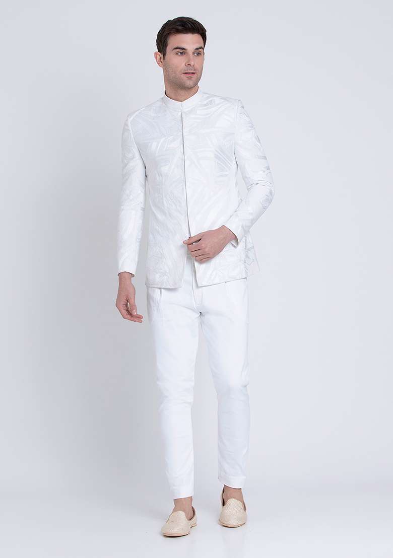 White Embroidered Linen Bandhgala For Men - Indya