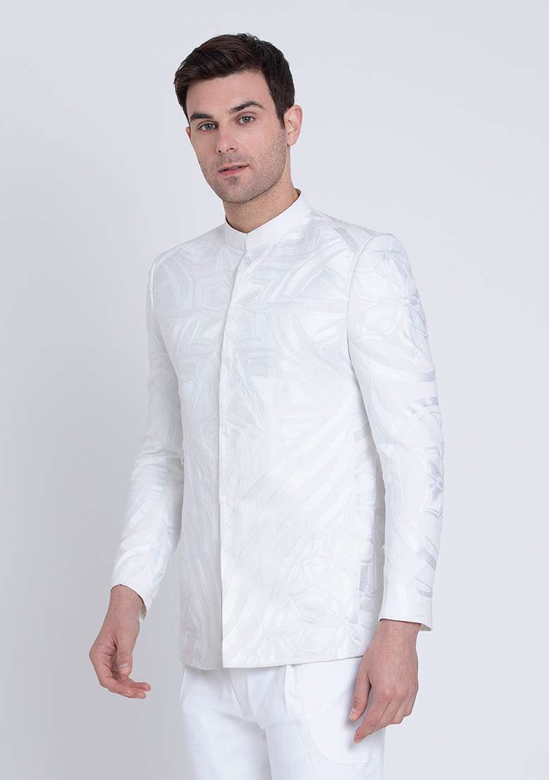 White Embroidered Linen Bandhgala For Men - Indya