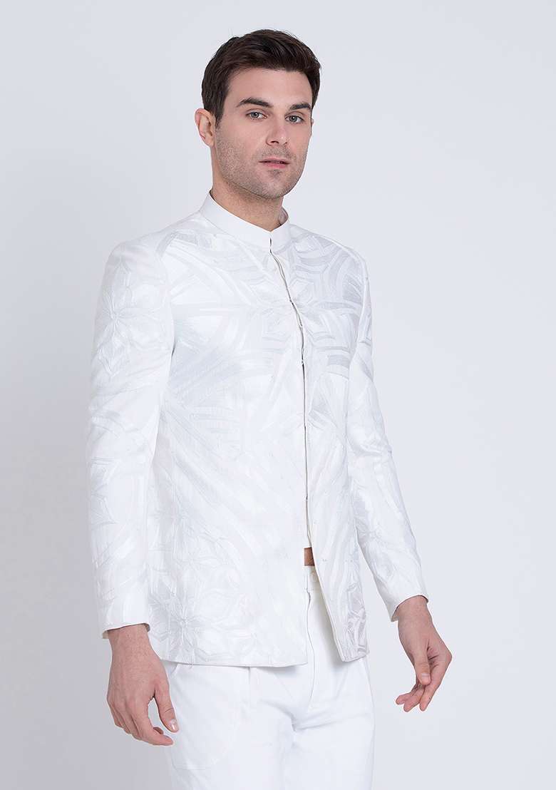 White Embroidered Linen Bandhgala For Men - Indya