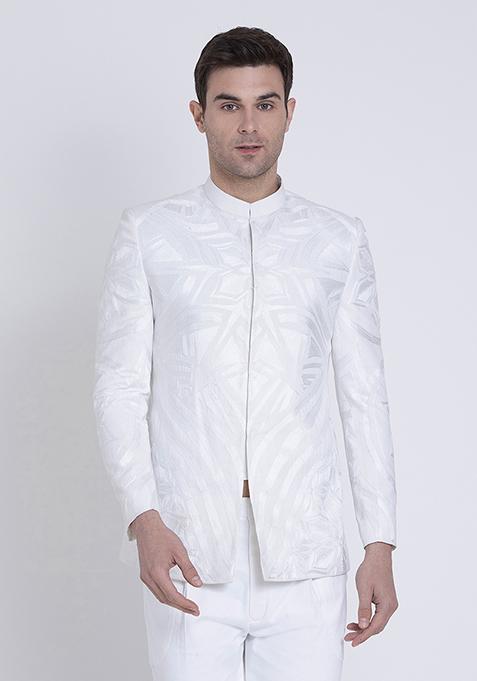 White Embroidered Linen Bandhgala For Men