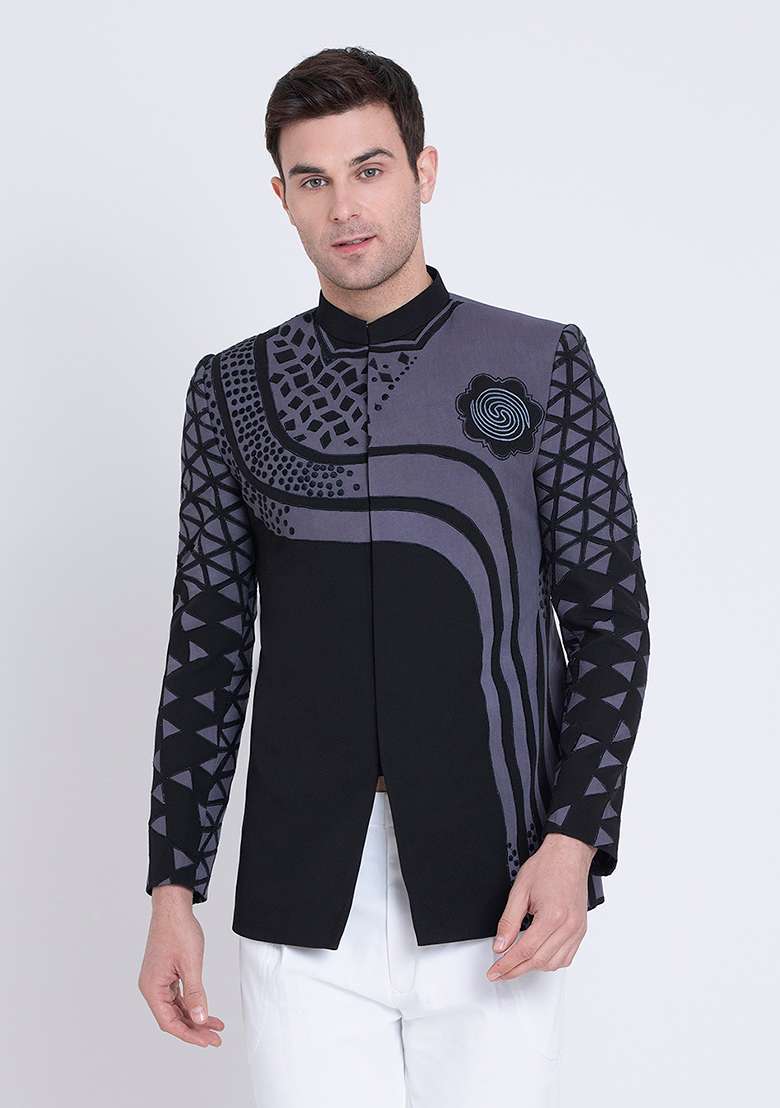 Black Embroidered Micro Silk Blend Bandhgala For Men - Indya