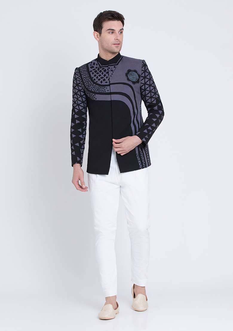 Black Embroidered Micro Silk Blend Bandhgala For Men - Indya