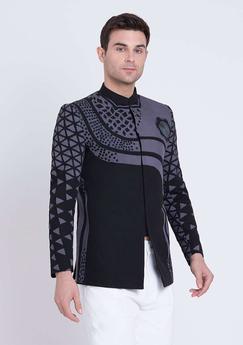 Black Embroidered Micro Silk Blend Bandhgala For Men - Indya