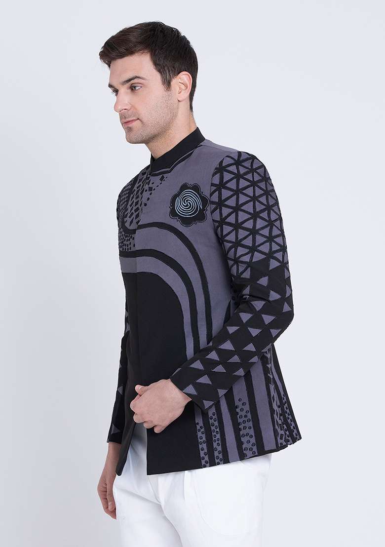 Black Embroidered Micro Silk Blend Bandhgala For Men - Indya
