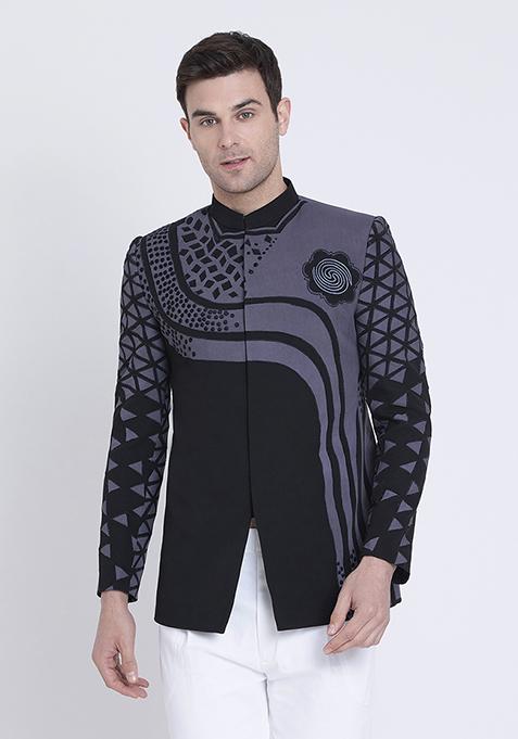 Black Embroidered Micro Silk Bandhgala For Men