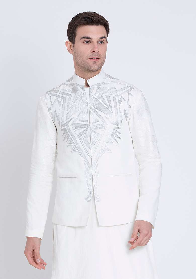 Ivory Embroidered Linen Bandhgala For Men - Indya