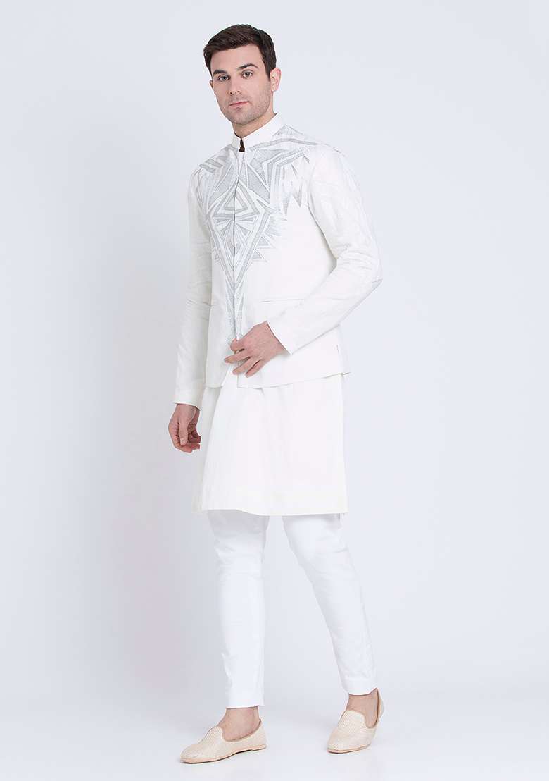 Ivory Embroidered Linen Bandhgala For Men - Indya