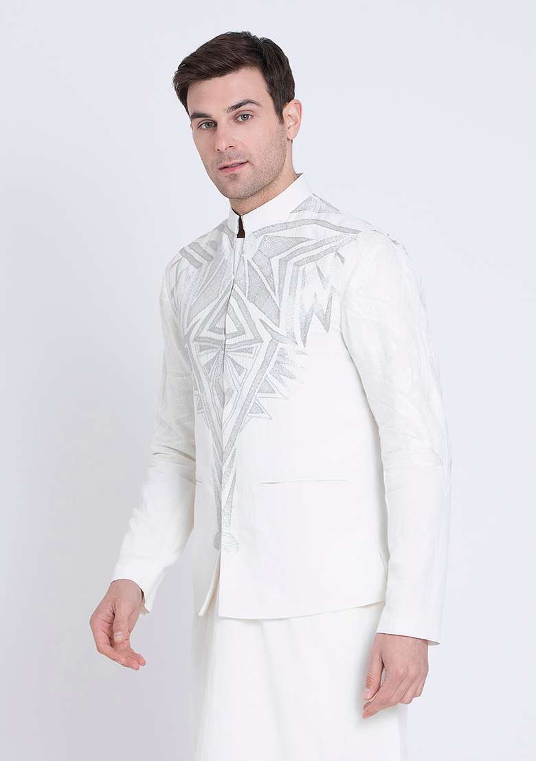 Ivory Embroidered Linen Bandhgala For Men - Indya