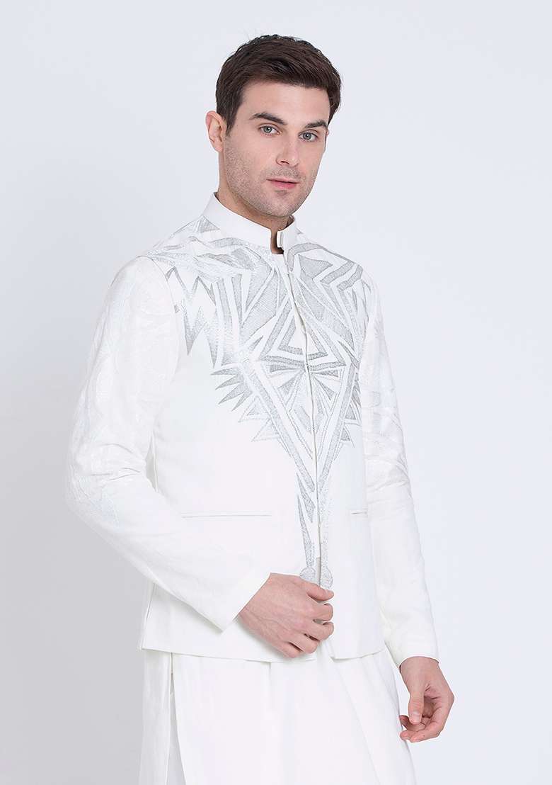 Ivory Embroidered Linen Bandhgala For Men - Indya