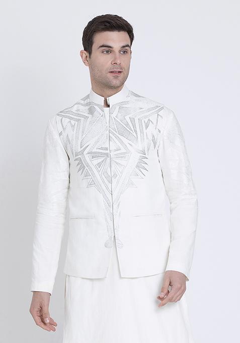 Ivory Embroidered Linen Bandhgala For Men