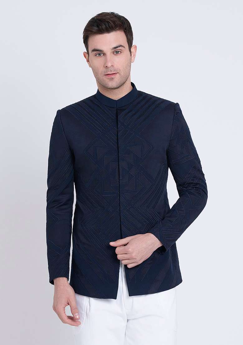 Blue Embroidered Micro Silk Blend Bandhgala For Men - Indya