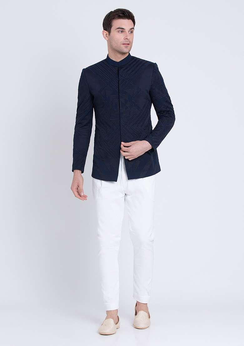 Blue Embroidered Micro Silk Blend Bandhgala For Men - Indya