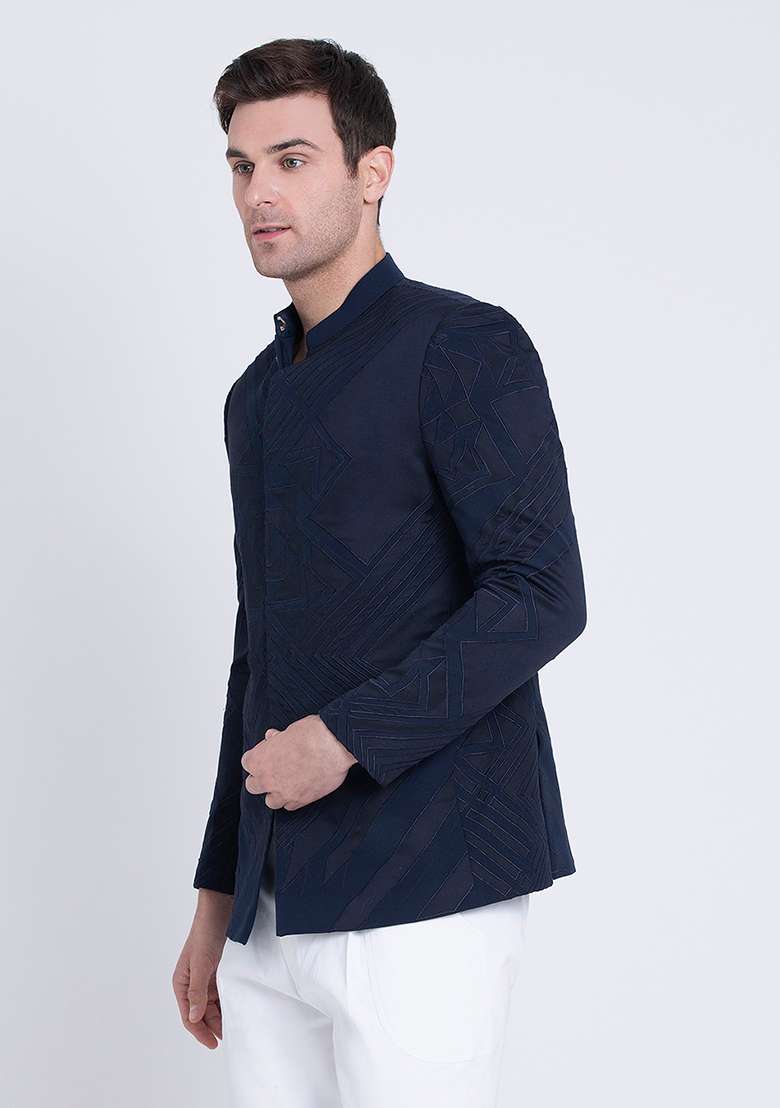 Blue Embroidered Micro Silk Blend Bandhgala For Men - Indya
