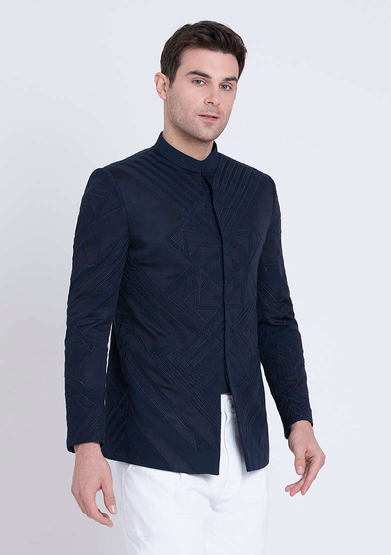 Blue Embroidered Micro Silk Blend Bandhgala For Men - Indya