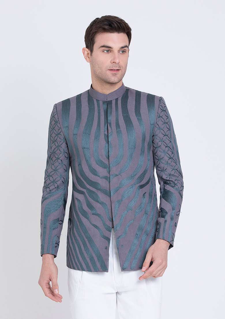 Dark Grey Embroidered Linen Bandhgala For Men - Indya