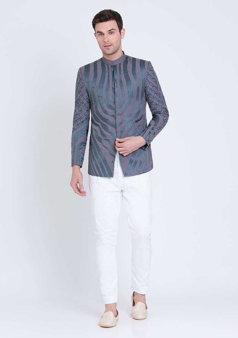 Dark Grey Embroidered Linen Bandhgala For Men - Indya
