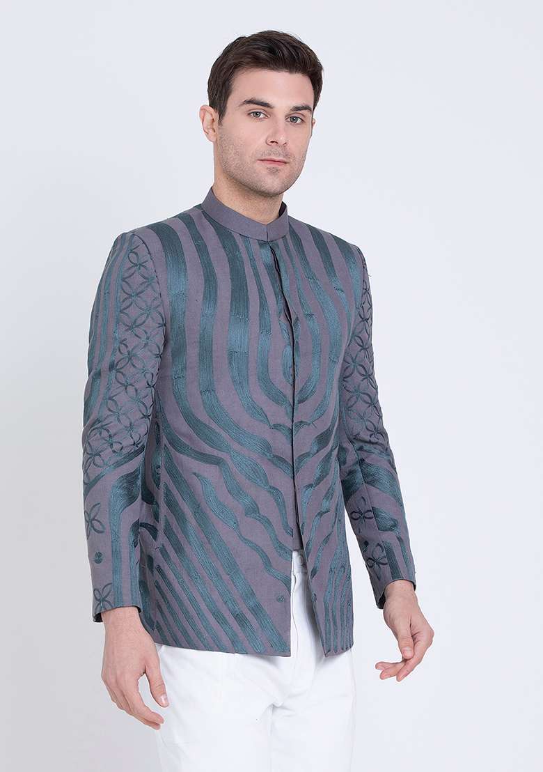 Dark Grey Embroidered Linen Bandhgala For Men - Indya