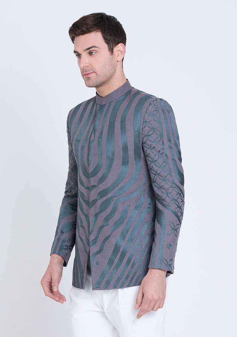 Dark Grey Embroidered Linen Bandhgala For Men - Indya
